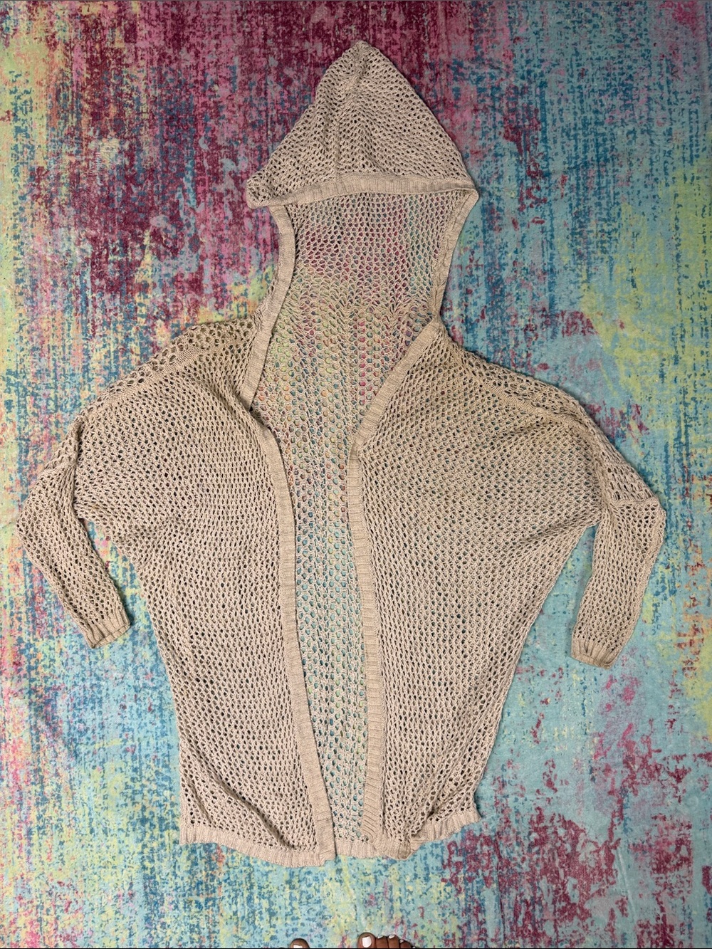 Open-Knit Hooded Sweater Cardigan in Light Beige - Women's